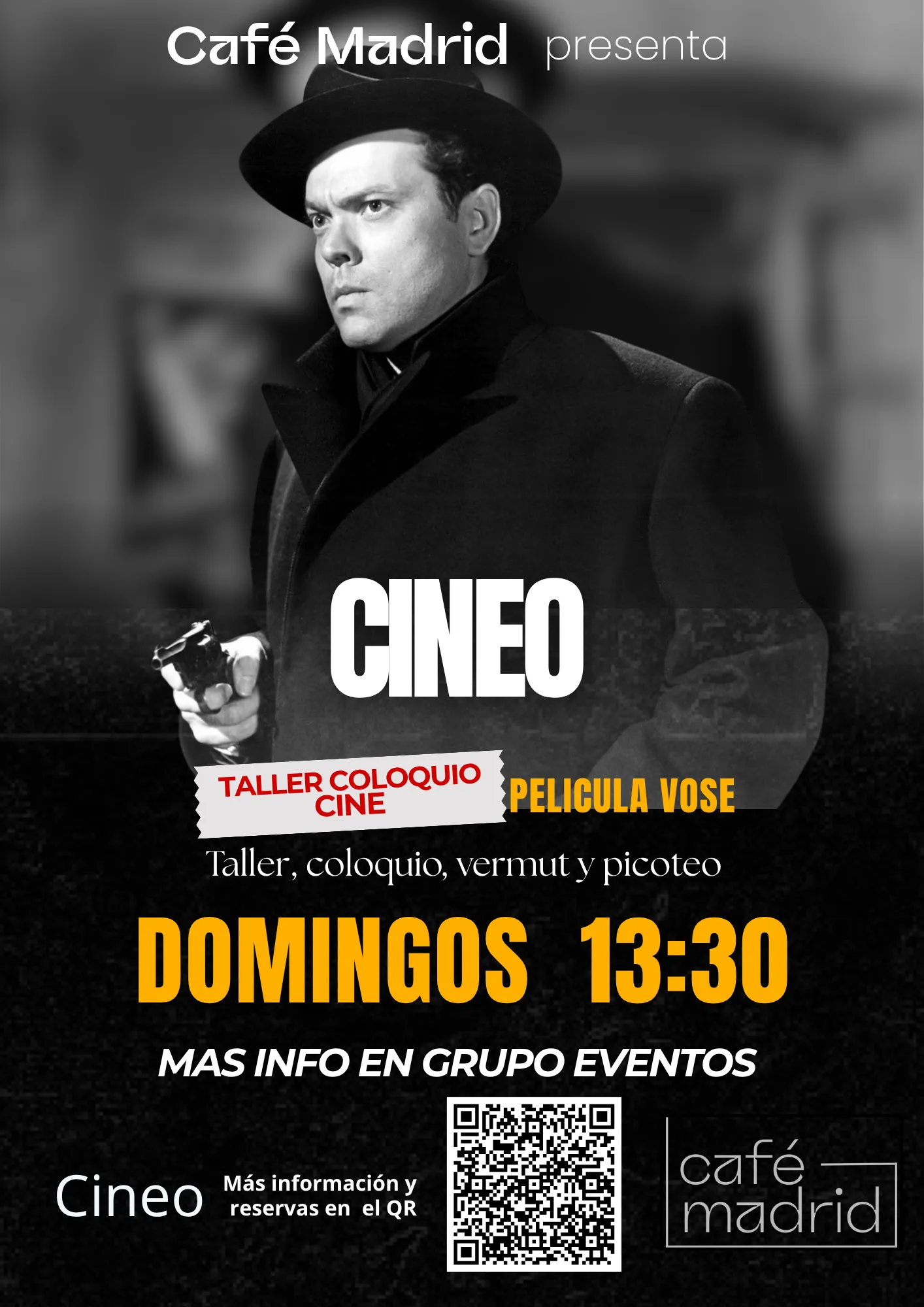 Cartel evento Cineo en Café Madrid coctelería - taller coloquio de cine VOSE con vermut y picoteo domingos 13:30