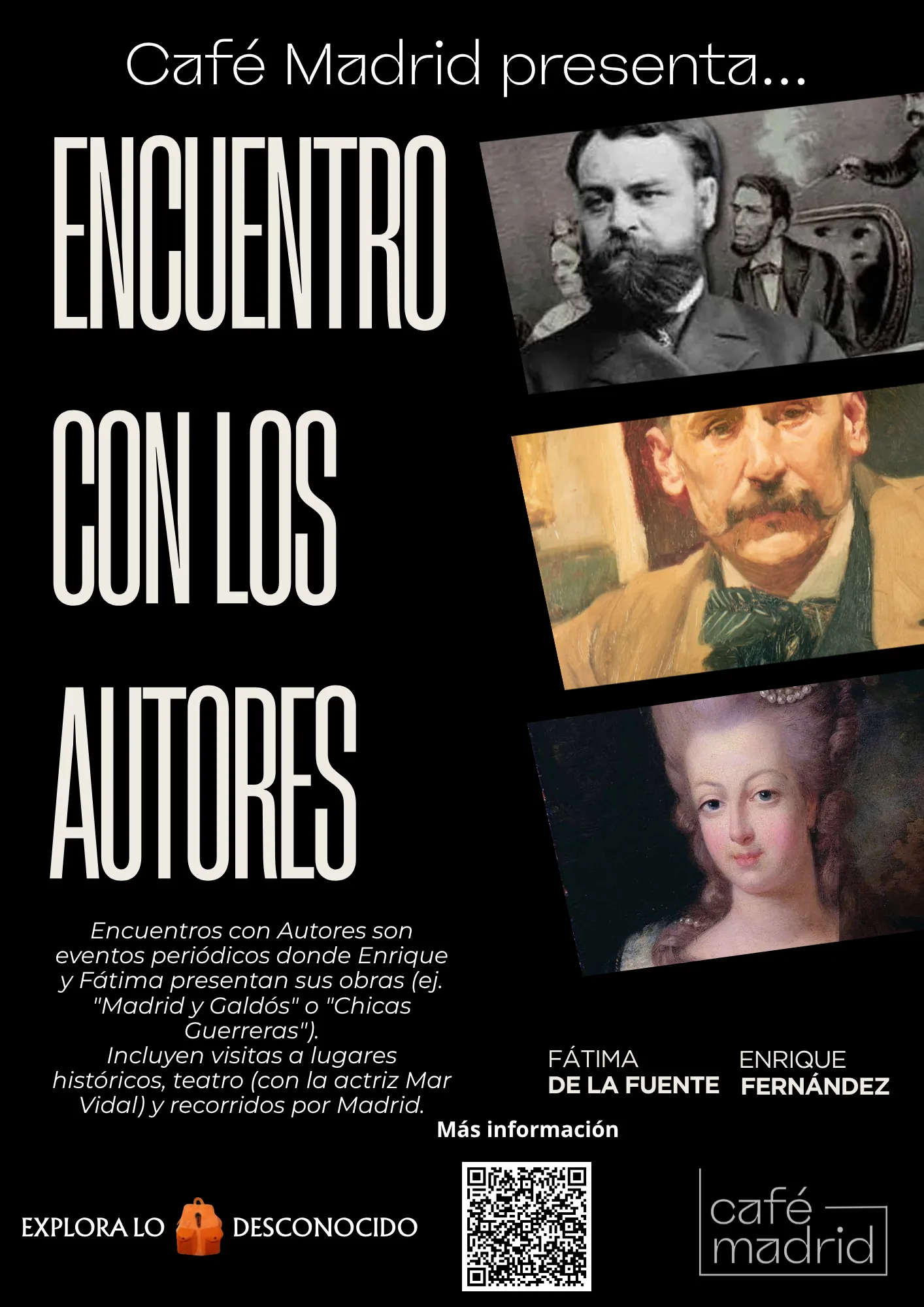 Cartel Encuentro con los Autores en Café Madrid coctelería Madrid - eventos literarios con Fátima de la Fuente y Enrique Fernández