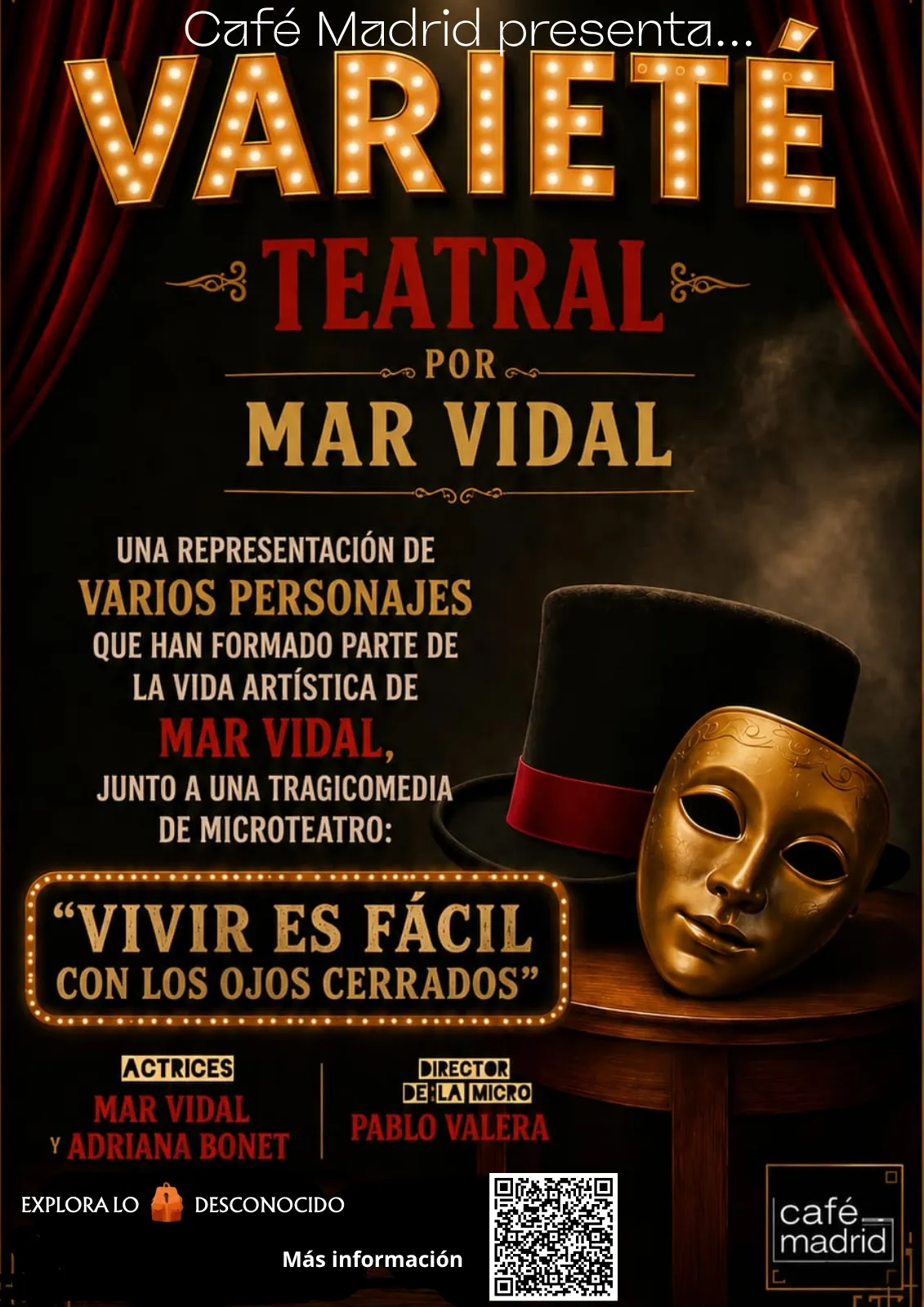 Cartel Varieté Teatral por Mar Vidal en Café Madrid coctelería - microteatro y representación de personajes