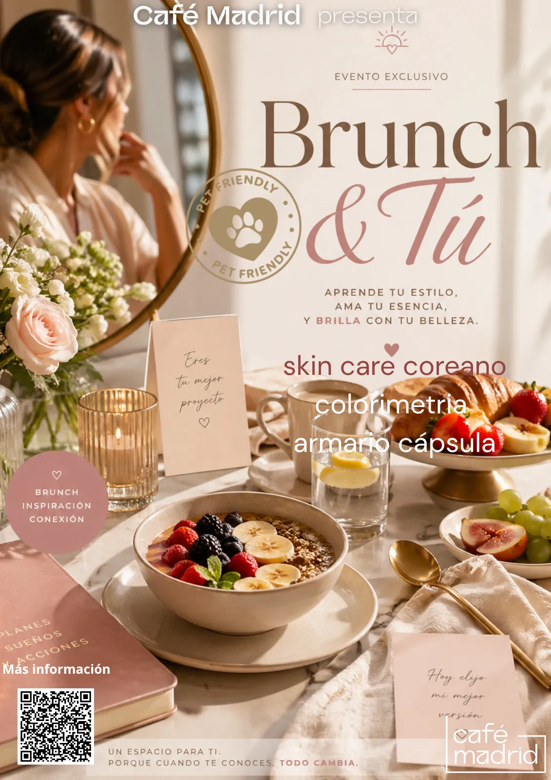 Cartel evento Brunch and Tú en Café Madrid coctelería Madrid - brunch con taller de skin care colorimetría y armario cápsula pet friendly