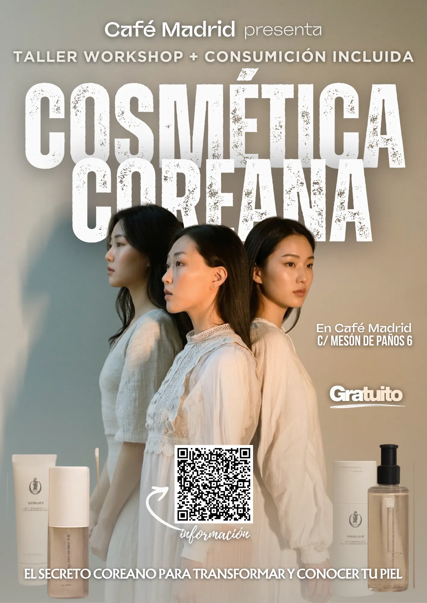 Cartel taller workshop de cosmética coreana gratuito en Café Madrid coctelería Madrid - skin care coreano con consumición incluida